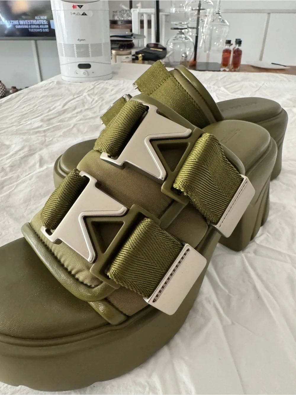 Bottega Veneta Olive Green Chunky Platform Buckle Slide Mules - Picture 3 of 5